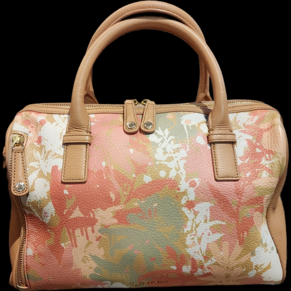 Vera Bradley Pastel Camo-Floral Nude Leather Top Handle Crossbody Satchel **